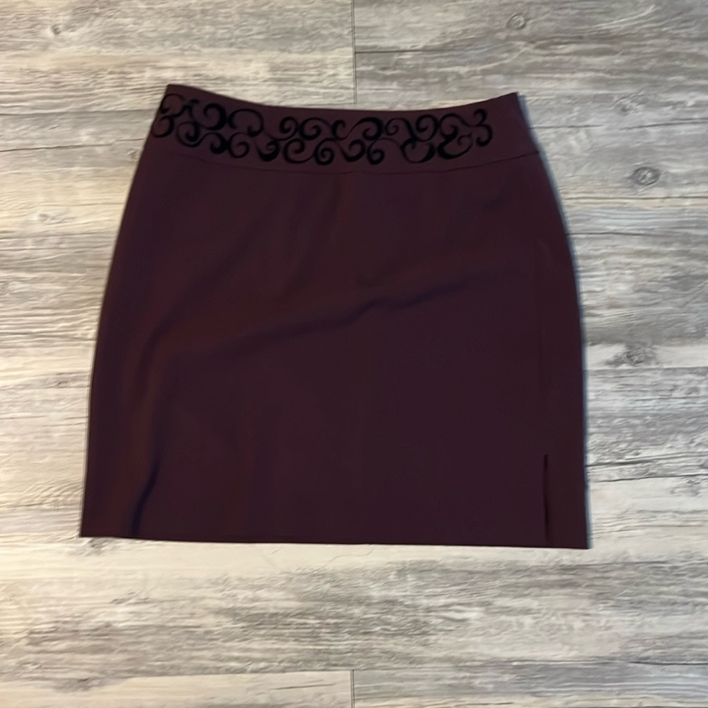 Fashion Bug Stretch Burgundy Mini Skirt – Size 10 (Velvet Trim Detail)